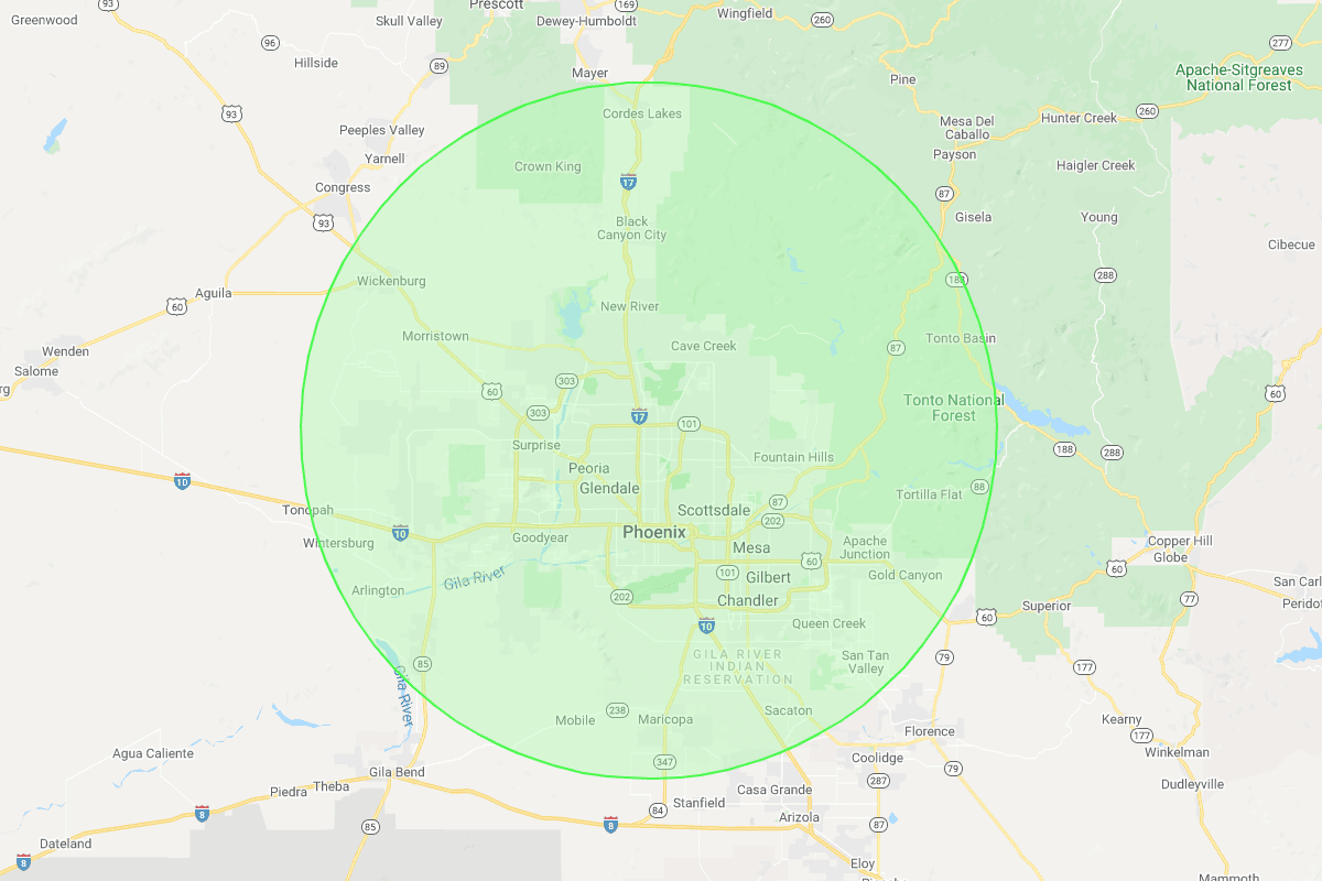 Voyager Home Inspections service area map showing Greater Phoenix and surrounding East and West Valley cities
