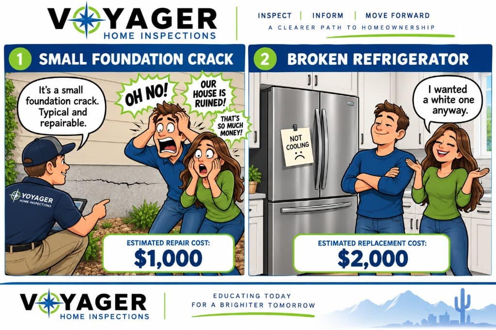 Cartoon: buyers panic over a $1,000 foundation crack, then shrug at a $2,000 broken refrigerator